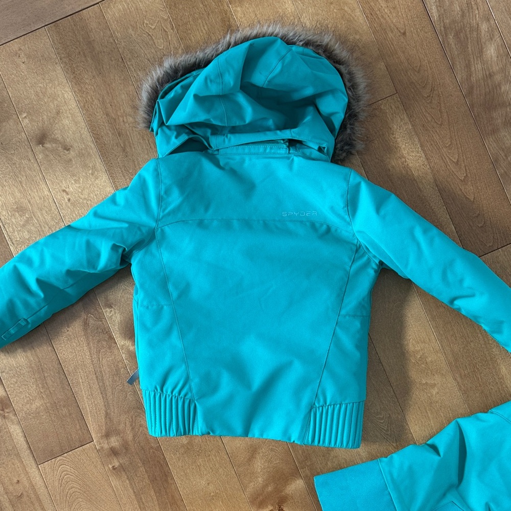 Spyder Teal and Pink Kids' Snowsuit/ ski suit with Fur Hood - Picture 7 of 9